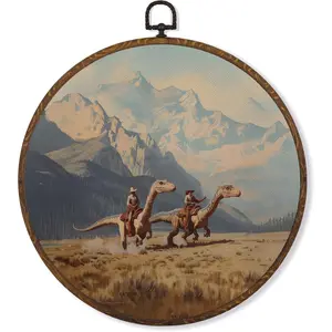 MOTERMATE Western Cowboy Dinosaur Wall Art Decor Round Framed, Whimsical Cowboy Dinosaur Mountain Canvas Wall Art Artwork Prints, Western Hanging Decor Decorations for Home Bedroom Room