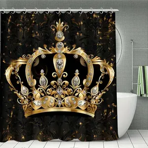 Crown Pattern Shower Curtain with Hooks, Decorative Shower Curtain, 1 Set Shower Curtain & Toilet U-shape Mat & Rectangular Mat & Toilet Lid Cover Set, Bathroom Decor Supplies for Home Dormitory Salon Hotel