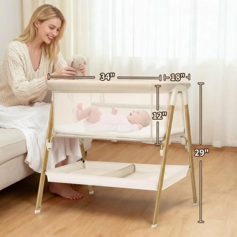 Baby Bassinet, Bedside Bassinet for Baby, Bassinet Bedside Sleeper with Mattress, Storage Basket and 4 Auto-Lock Wheels, Full-Mesh Sides, Bedside Mini Crib for Newborn (Beige)