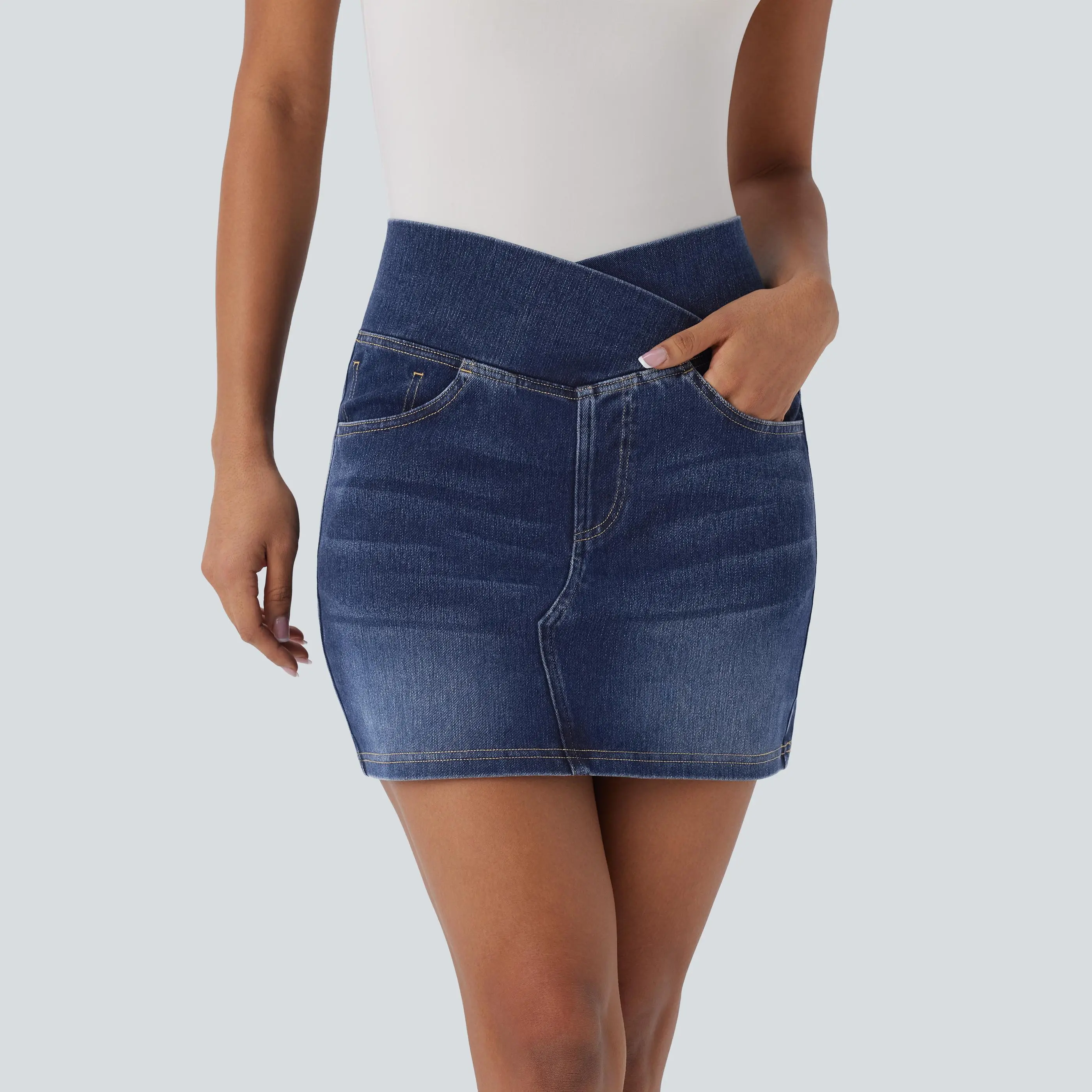Halara Flex Crossover High Waisted Multiple Pockets Bodycon Mini Washed Stretchy Knit Denim Casual Skirt