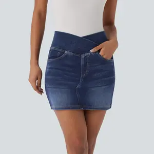 Halara Flex Crossover High Waisted Multiple Pockets Bodycon Mini Washed Stretchy Knit Denim Casual Skirt
