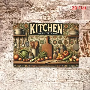 2D Flat, 1pc Vintage Farmhouse Kitchen Wall Art - Rustic Metal Iron Sign with Vegetables, Utensils & "Kitchen The Heart of The Home" Quote, 8"x12" (30x20cm) Home or Restaurant Decor, Mother's Day Gift for Grandma & Mom, Kitchen Wall Decor| Decorative Typo