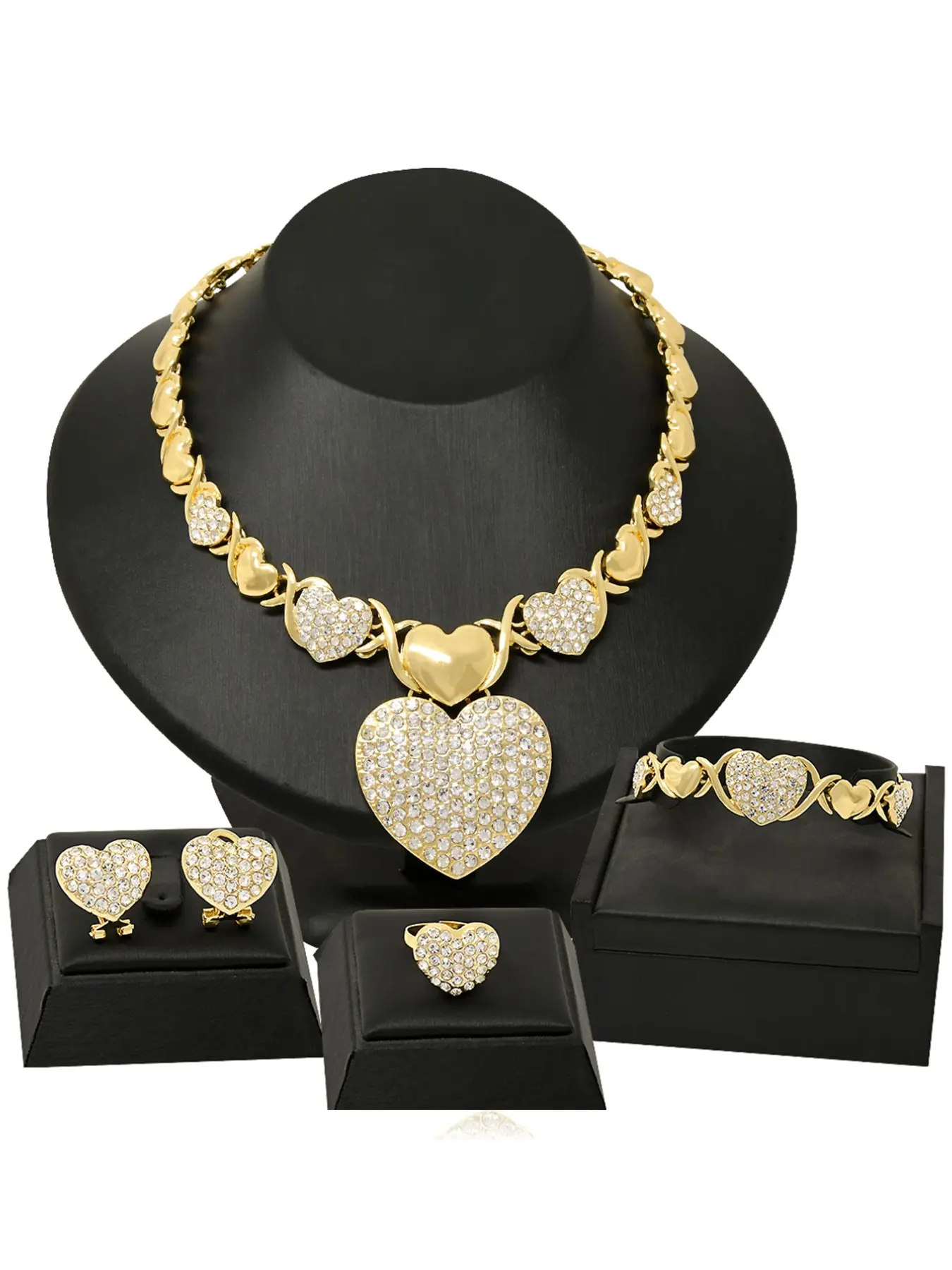 Luxury Elegant Xo Heart Crystal Jewelry Set for Women, 4-Piece Wedding Party Bride Necklace Ring Earrings Bracelet Set