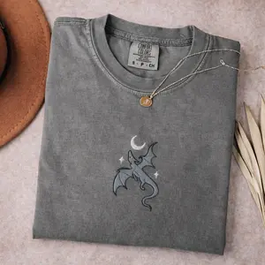 Embroidered Comfort Colors Moon and Dragon Fantasy Book Shirt, Bookish Witchy Vibes