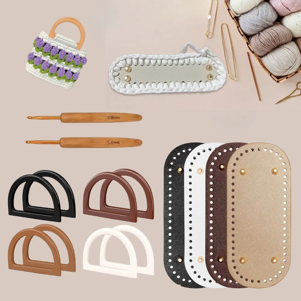 Crochet DIY Bag Making Supplies Set - 2 PCS D-Shape Purse Handles, 2 PCS Crochet Hooks, Leather Bases, Diy Bags