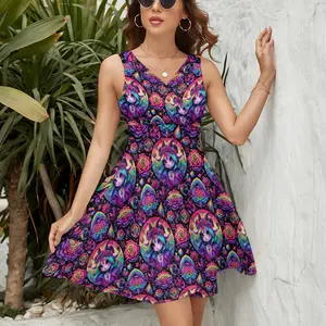 Colorful Vintage Trippy Cute Satanic Goat Goddess Casual Ladies Sleeveless a-line flare Dress