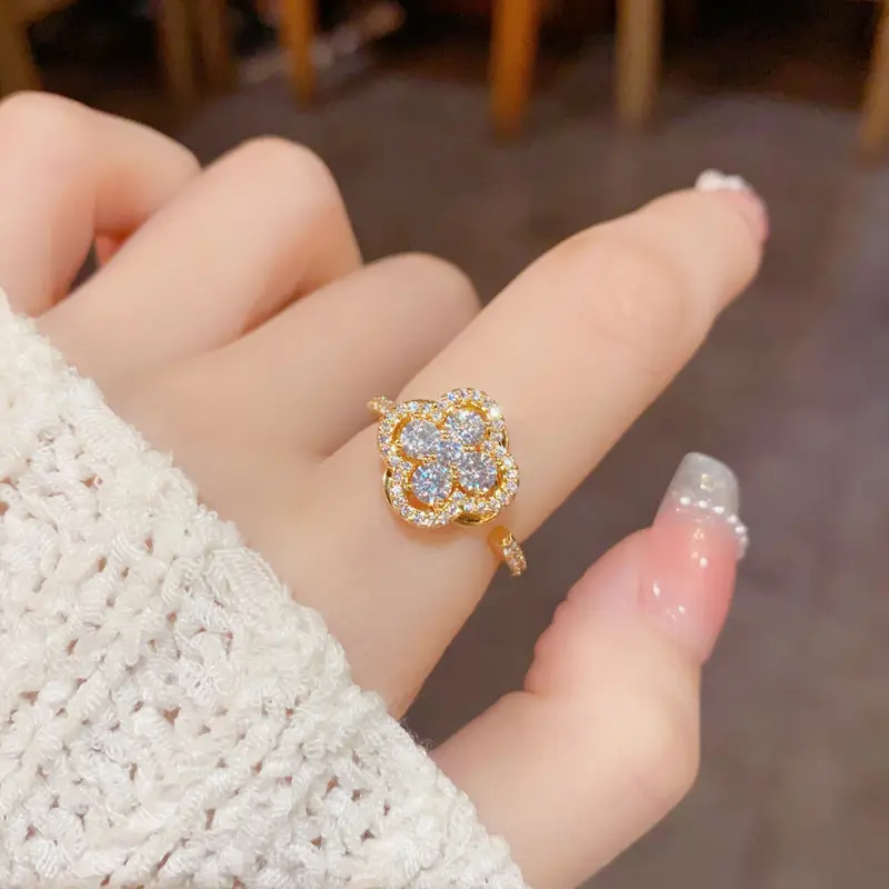Lucky Clover Adjustable Open Ring Gold Silver Tone for Women Girls, Simple Clover Flower Ring Minimalist Fashion Accessories, Cute Lucky Clover Design Finger Ring for Daily Wear Casual Outfit Party Date Holiday Gift