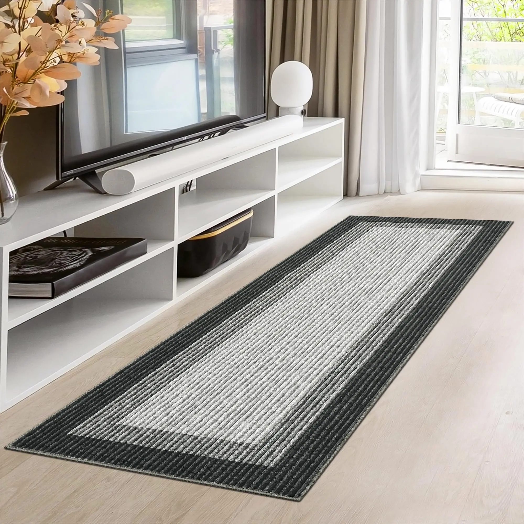 Washable 2x6 Runner Rug Modern Bordered Accent Rug Stain Resistant Indoor Carpet with Non-Slip Backing Non-Shedding Low Pile Folding Floor Cover for Kitchen Hallway Laundry,Black/Grey