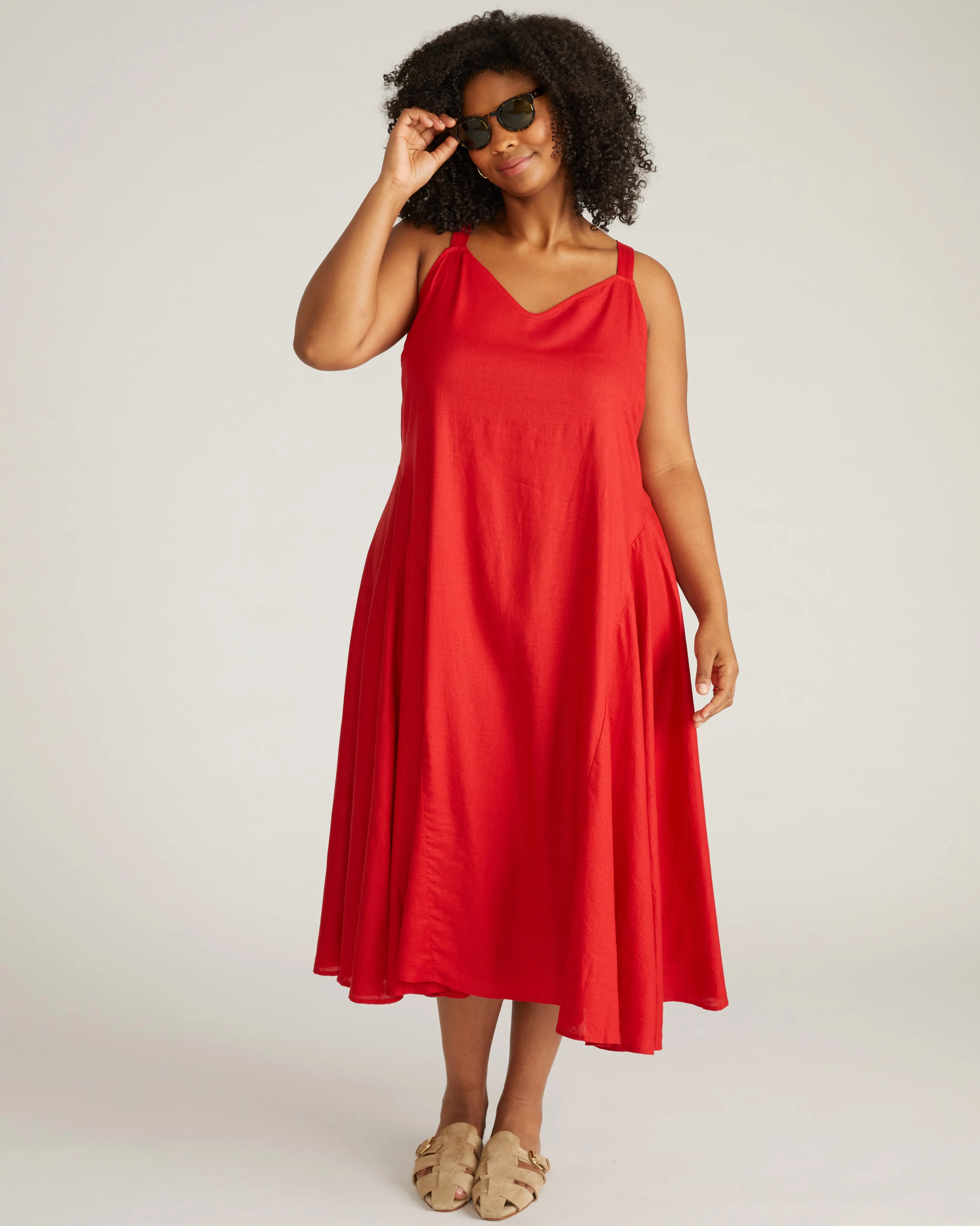 Women's Ruby Red Sleeveless Slip Dress with Godet Sides, Stretchy Pull-On Linen Blend, Adjustable Shirred Back for Casual Fit