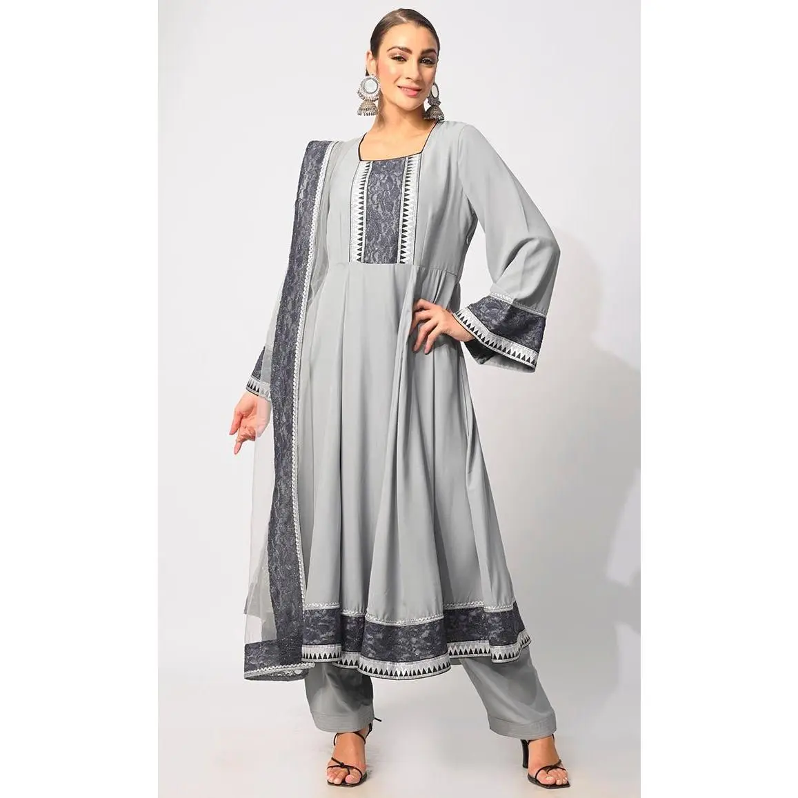 3 Pc Grey Anarkali Set with Intricate Foil Print and Lace Detailing - Final Sale