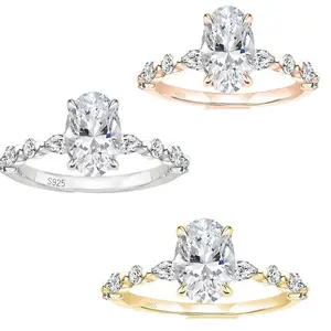 LUSTERMO 3 CT 925 Sterling Silver Ring Oval Cut Cubic Zirconia Engagement Solitaire Halo Promise Ring for Women