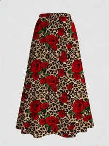 Elegant Women's Leopard & Floral Pattern Long Skirt, Digital Print, Fitted, Natural Waist, All Seasons, Casual Wear