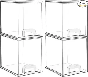 Clear Stackable Storage Drawers 4 Pack 7.6" H Plastic Organizers Bins for Skincare, Bathroom Supplies, Cabinet, Undersink, VANILLA Organizer - Soap Rubber Silicone Bottle Sticker