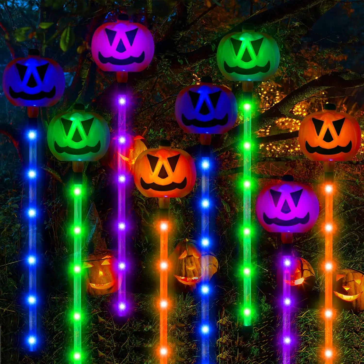 8 Pcs Halloween Solar Pumpkin Pathway Lights, Halloween Solar Pathway Stake Lights for Outdoor Decorations LED Path Lights for Outside Garden
