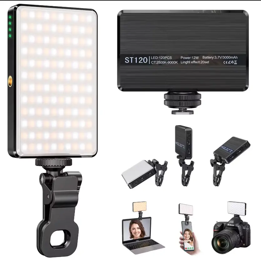 Aopatu LED Selfie Light，3000Mah 120 LED Rechargeable Phone Light Clip，3 Light Modes ，Suitable for Laptops/Phones/Tablets/Zoom Calls/Makeup, Selfies, and Live Streaming(Included mini Tripod)