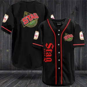 Stag Beer Inspired Baseball Jersey – Black Red Button Down Sports Shirt with Vintage Lager Logo Print, Unisex Streetwear Hip Hop Style Jersey, Casual Summer Outfit, Trendy Drinking Team Fan Apparel, Gift for Men Women