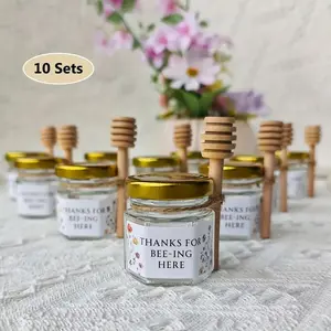 10 Sets Mini Honey Jars Party Packs, 1.5oz Hexagon Small Glass Honey Jar, Transparent Glass Honey Bottles with Wildflower Stickers Tin Organiser