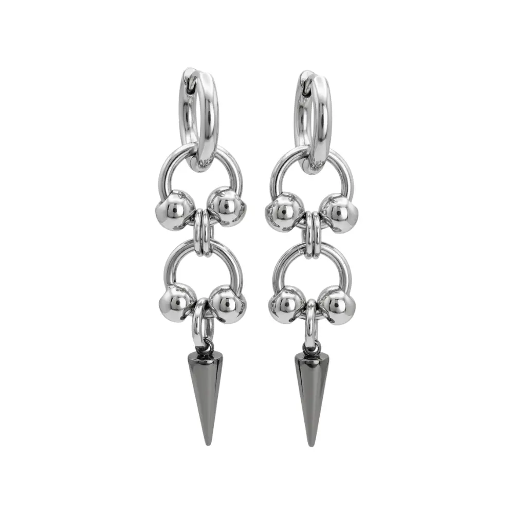 Double Ball Hoop with Spike Dangling Hoop Earrings - Pair - Stainless Steel