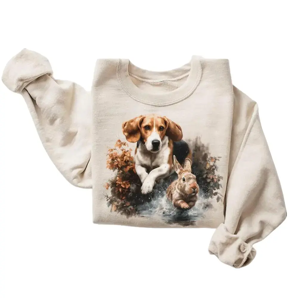 Women's Cotton Long Sleeve Casual Hoodie - Beagle Hunting Dog & Rabbit Chase Wildlife Scene Unisex Outdoor Pullover Tops