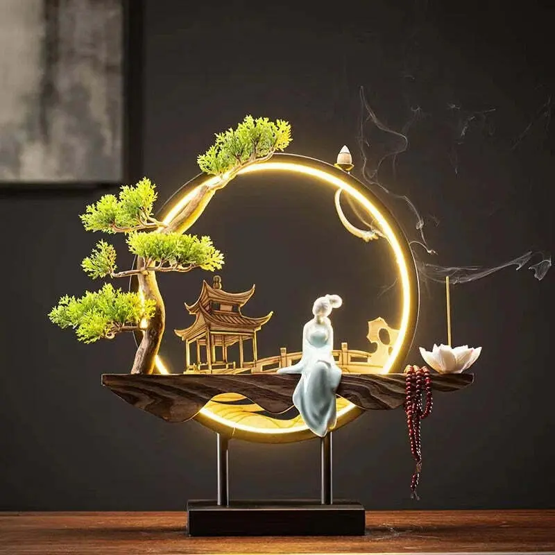 Chinese-style Lamp Back Incense Burner Ceramic Goddess of Mercy Buddha Table Top Decoration Incense Burner Waterfall Home Decor