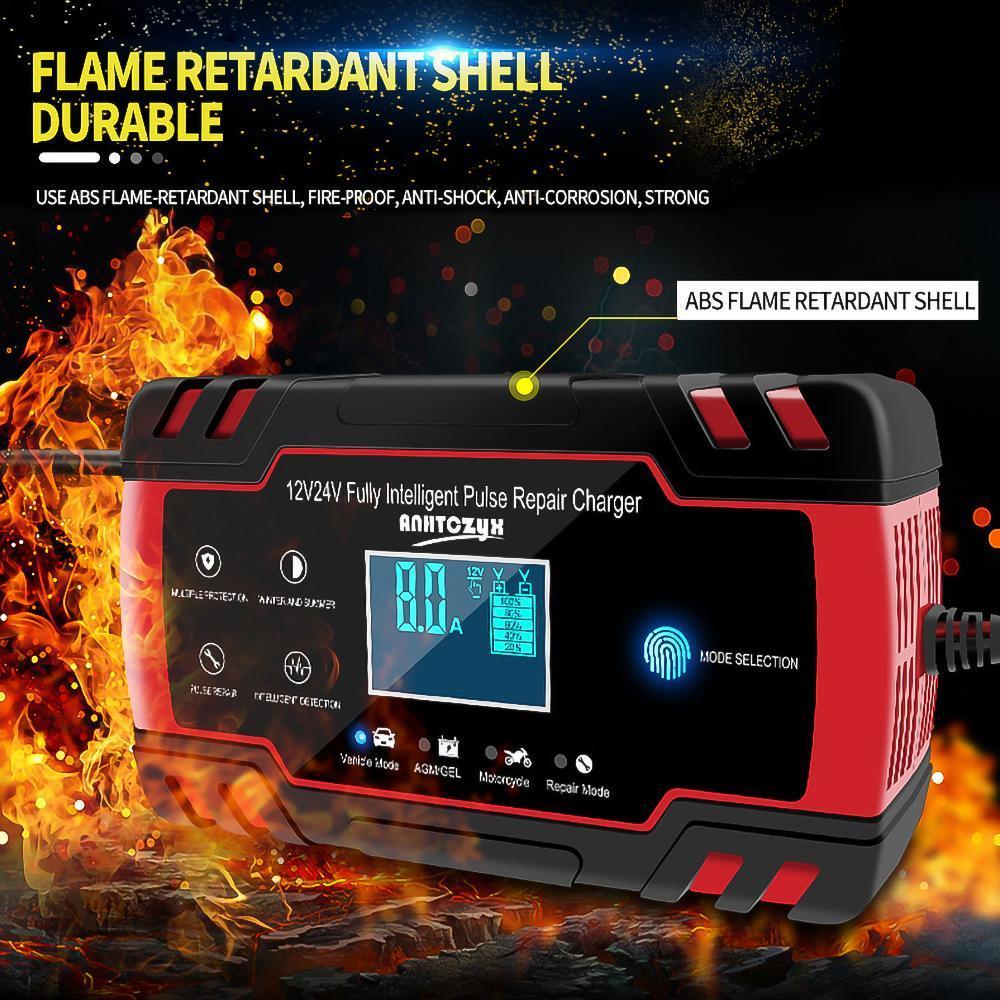 Battery Charger 8 Amp 12V and 24V Smart Automatic Car Battery Charger with LCD Screen Pulse Repair Charger Pack Battery Maintainer for Car, Lawn Mower, Motorcycle, Boat, SUV and More