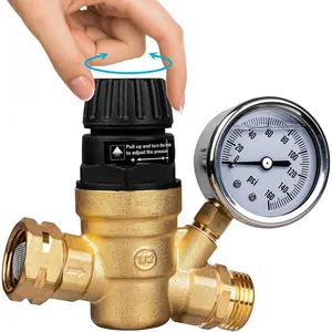 RV Water Pressure Regulator Valve for Camper, Regulate Valves with Strainer, Made of Leadless Brass, RV Water Pressure Regulator with Pressure Gauge