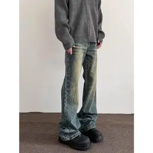 Men's Flared Jeans Straight Loose Wide Leg Washed Vintage American High Street Pants Trendy Brand Cool Retro Long Pants