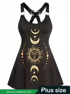 【Plus Size】 Sun & Moon Print Tank Top, Plus Casual Comfortable Breathable Top for Women, Women's Plus Clothing for Summer