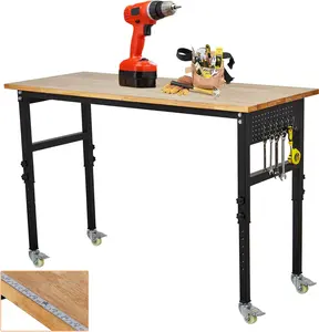 48/60/72 Inch Adjustable Workbench with Power Outlets & Pegboard, Heavy Duty Mobile Workstation, 2000LBS Capacity Hardwood Table for Workshop Garage