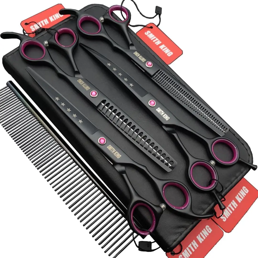 7.0 inches Professional Dog Grooming Scissors Set Straight & thinning & Curved & Chunkers 4pcs/3pcs in 1 Set (with Comb) Right-handed or Left-handed for Dog & Cats (Righ-Handed 4 pcs set with comb)