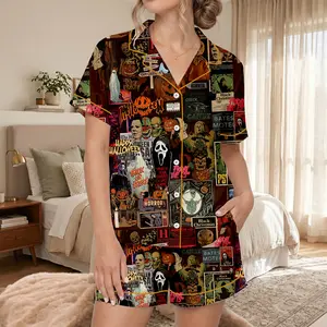 Retro Horror Movie Halloween Pajamas, Retro Ghost Pumpkin Spooky Short Sleeve Satin Pajama Set, Horror Movie Sleepwear, Pajama Nighwear Set for Her