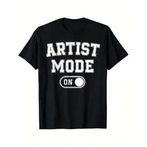 Artist Mode On Graphic T-Shirt - Black with White Print - Loose Fit Casual Tee Suitable for Artists, Painters, Illustrators - Machine Washable Creative Gift Apparel for Studio & Casual Attire - Unisex for Men & Women -