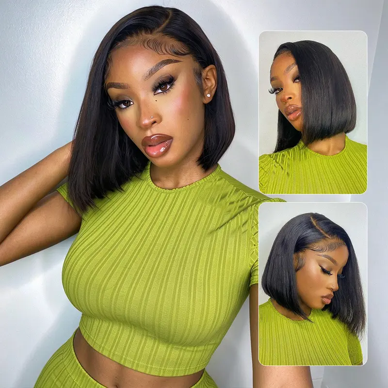 Women's Ramiss Thick Smooth Bob Cut Human Hair Lace Front Wig, 13x4 HD Lace Glueless Closure, Pre-Styled Silky Straight Natural Black Deep Part Pre-Plucked Natural Hairline, Human Hair Wigs, Glueless Closure Wig