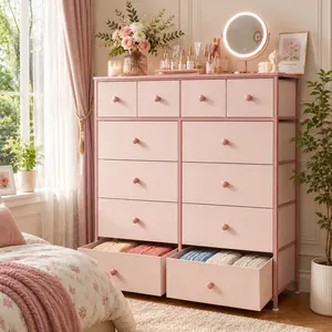 【New Size】RaybeeFurniture 12 Tall Pink Dresser for Bedroom, Modern Fabric Storage Tower, Multi-Functional Chest of Drawers for Bedroom, Living Room, Hallway, Closet, Space-Saving Organizer for Small Spaces, Apartment, Dorm Room Furniture