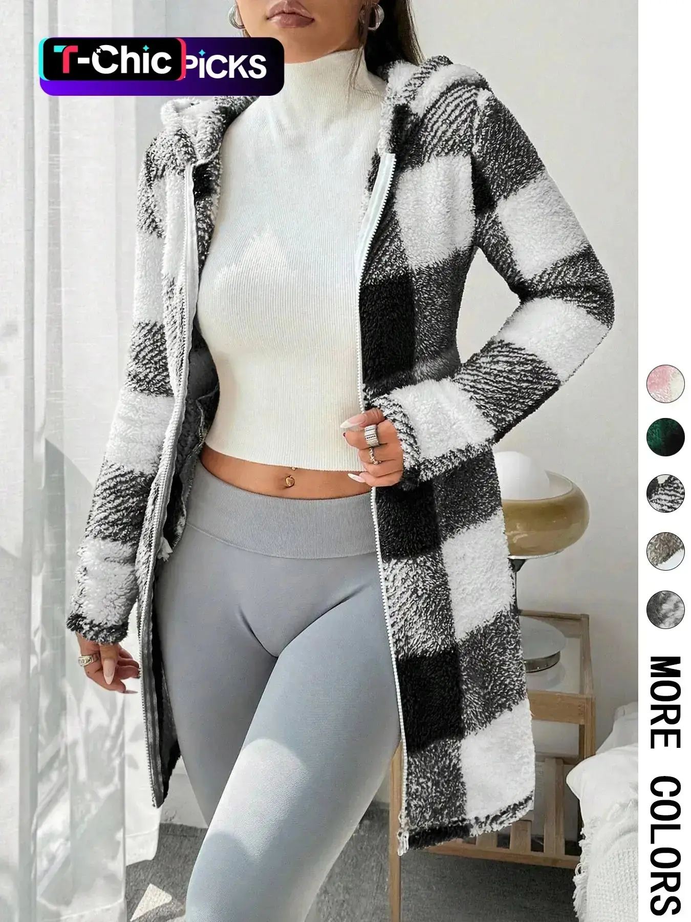 Women's  Plaid Fleece Hooded Fitted Coat, Fitted Casual Fashionable Outerwear, Soft Fluffy Fleece Fabric & Full Zip Closure & Hooded Design & Mid-Length Silhouette & Multiple Color Options,Valentine,1pc