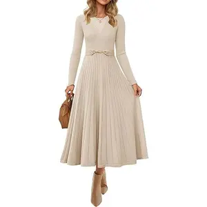 ZESICA Women's Long Sleeve Midi Sweater Dress 2026 Fall Crewneck Knit A Line Pleated Flowy Long Dresses with Belt