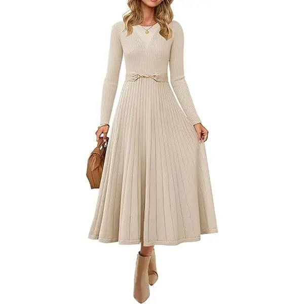 ZESICA Women's Long Sleeve Midi Sweater Dress 2026 Fall Crewneck Knit A  Line Pleated Flowy Long Dresses with Belt - TikTok Shop