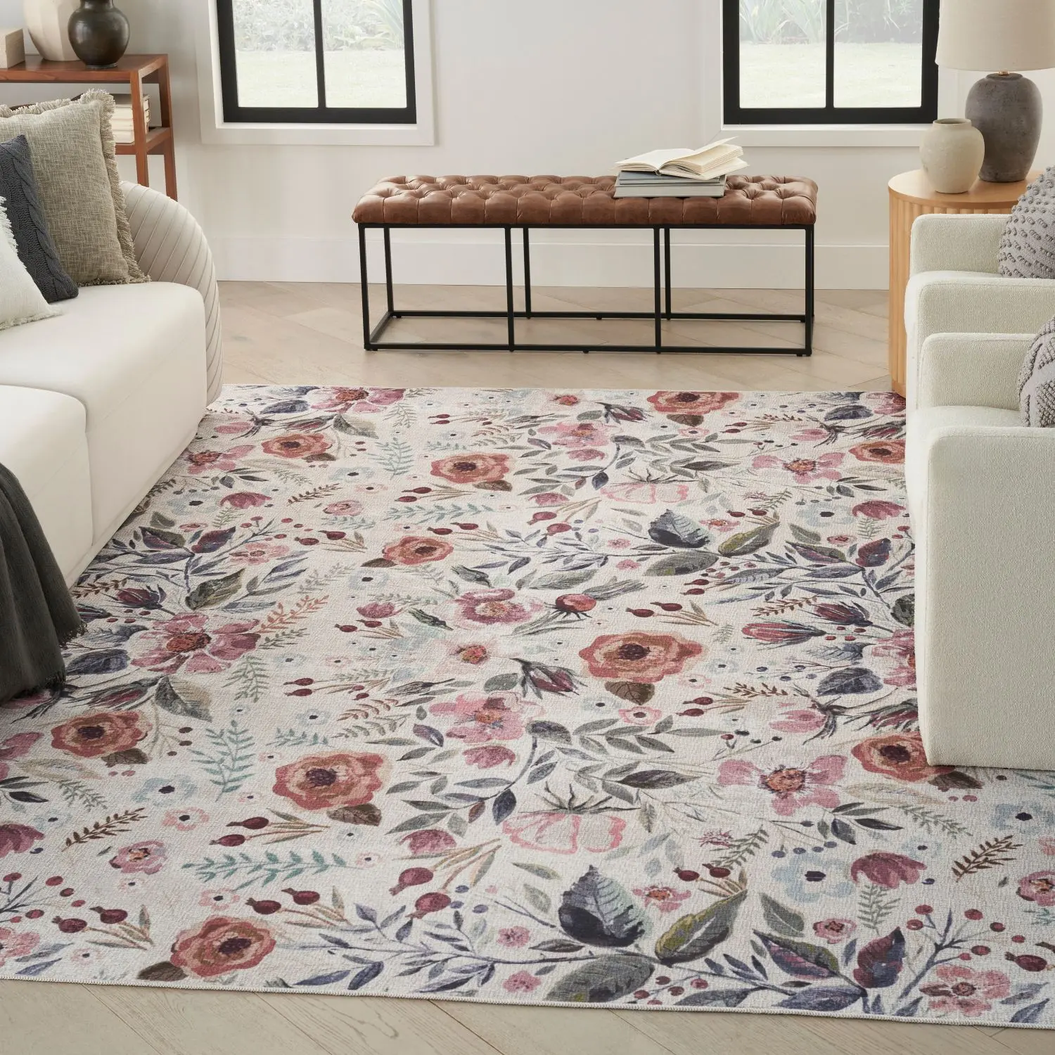 Nourison Washables Floral Print Rug - Oversized Watercolour Design, Durable Materials, Non-Skid Flatweave, Easy-Clean Indoor Bedroom Textile