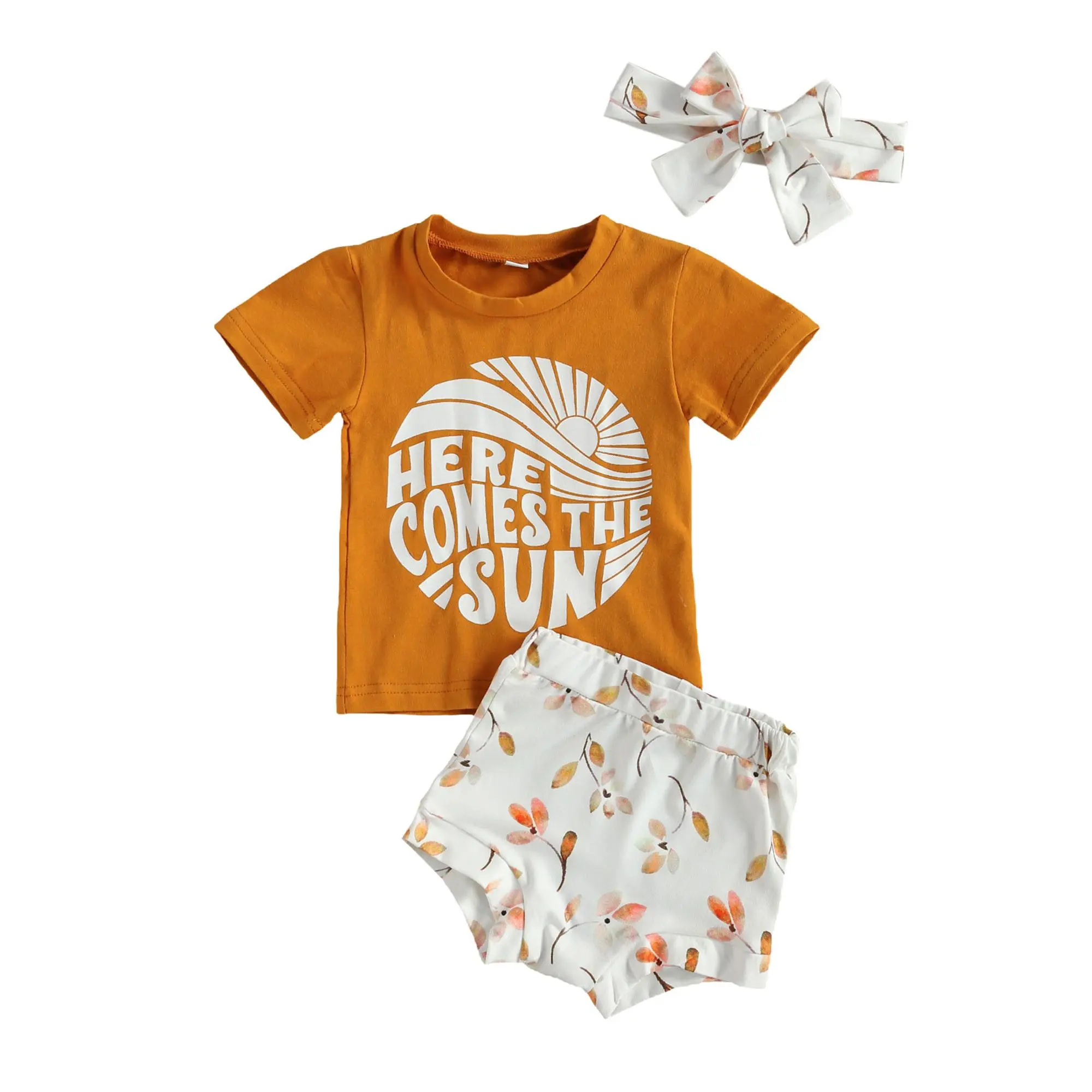 Ma&Baby Newborn Infant Here Comes The Sun Baby Girl Outfit Letter Print T-shirt Floral Shorts Headband 3Pcs Summer Clothes Set