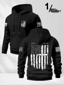 Men's American Flag Letter Print Cross Print Hoodie Sweatshirt, Comfortable Lightweight Durable Design, Casual Streetwear Long Sleeve Loose Fit for Daily Wear