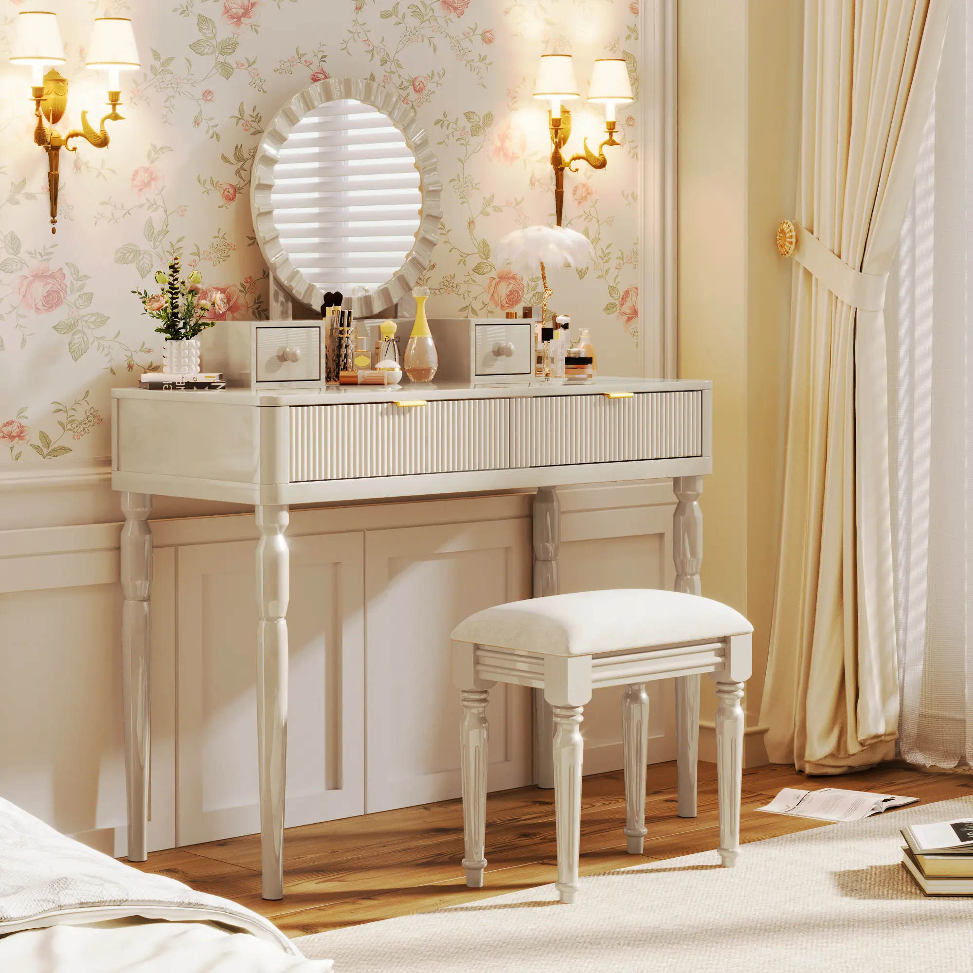 Luxury Vanity Desk Set with Stool and Sunflower Shaped Mirror, Makeup Vanity Desk with 4 Drawers & PU Cushion Chair & Elegant Legs, Dressing Table Vanity for Bedroom (Champagne)