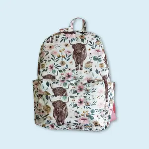 Western Highland cow floral backpack kids girls back to school bags