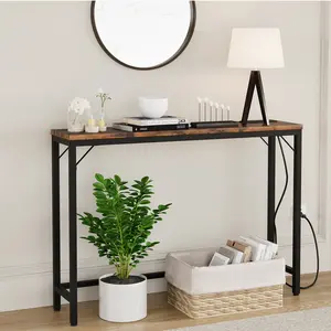 39.4" Rustic Brown Narrow Console Table with Power Outlets & USB Ports, 110 Lbs Weight Capacity, Gold Metal Frame Entryway Table for Living Room, Hallway & Bedroom