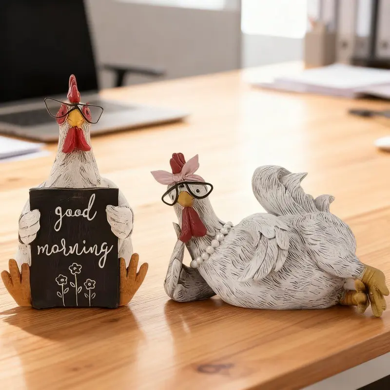 1Pc Good Morning Rooster Hen Resin Figurine, Funny Chicken Statue with Glasses, Farmhouse Animal Decor for Home Office Desk, Pairable Couple Ornament Gift, Creative Desktop Ornament, Decorative Home Ornament, Figurines Decor, Decoration Items