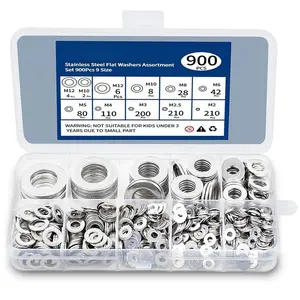 900 count Stainless Steel Flat Washers for Screws, 304 Stainless Steel, Assorted Sizes (M2 M2.5 M3 M4 M5 M6 M8 M10 M12) for Industrial Use, Washers for
