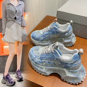 European-style denim rhinestone platform dad sneakers for women, 2025 autumn new small-size height-increasing casual sports shoes, trendy