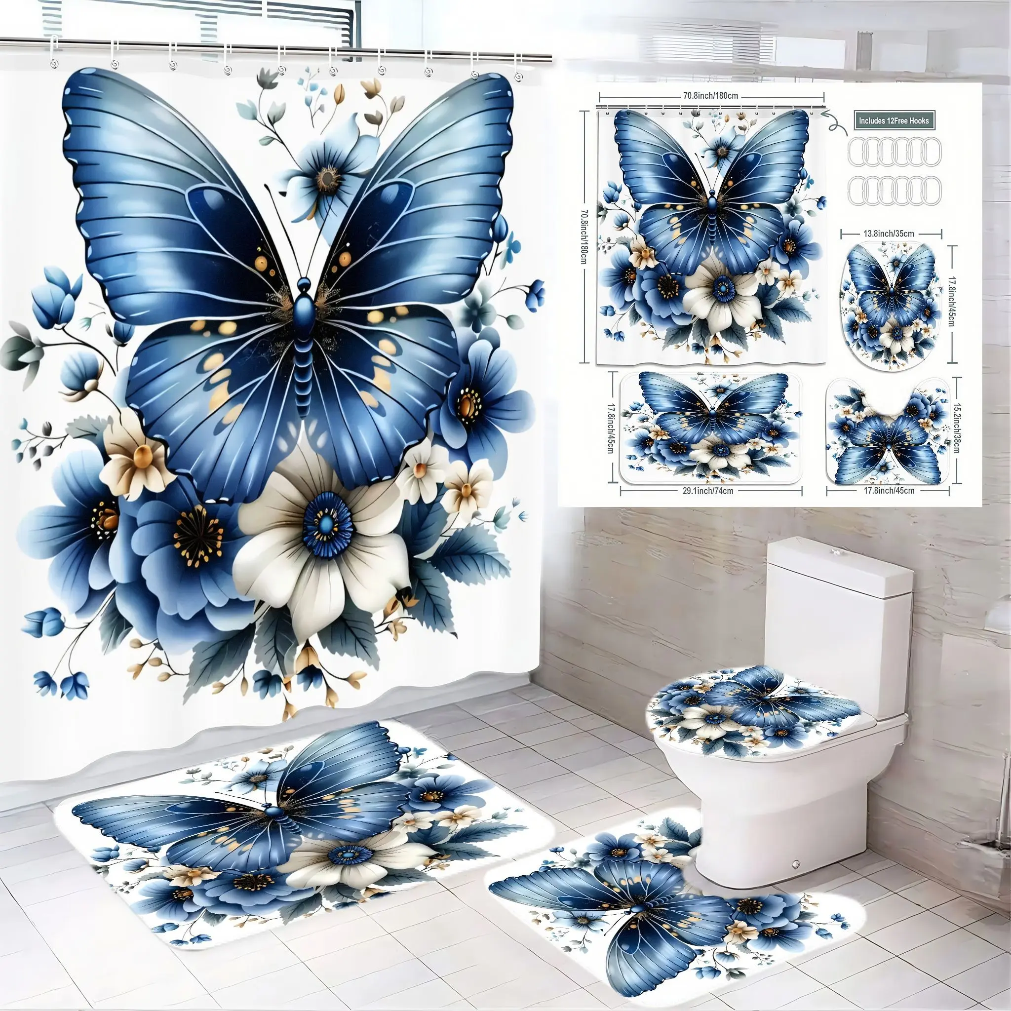 4pcs Elegant Blue and Floral Butterfly Bathroom Decor Set, The floor mat fabric is thicker and softer! Charming Shower Curtain, Luxurious Bath Mat, Stylish Toilet Seat Cover
