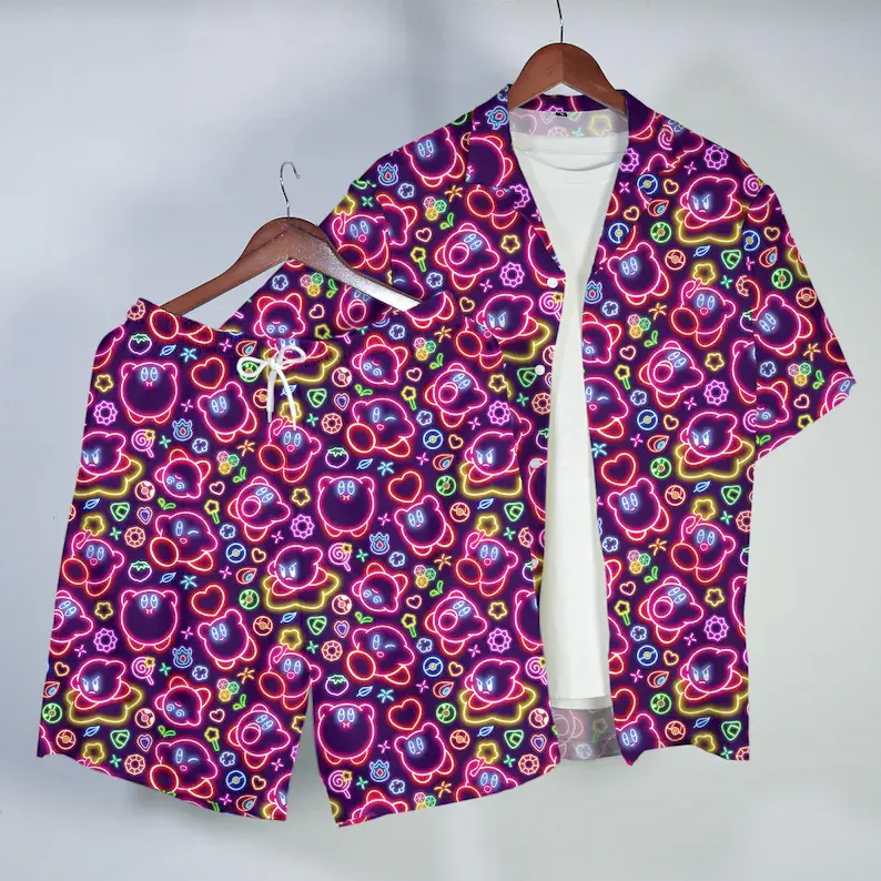 Kirby Hawaiian Shirt Tropical Button Up Shirt Summer Beach Short Neon Glow Cute Fantasy Pattern Matching Set Unisex Outfit Kirby Shirt Gifts