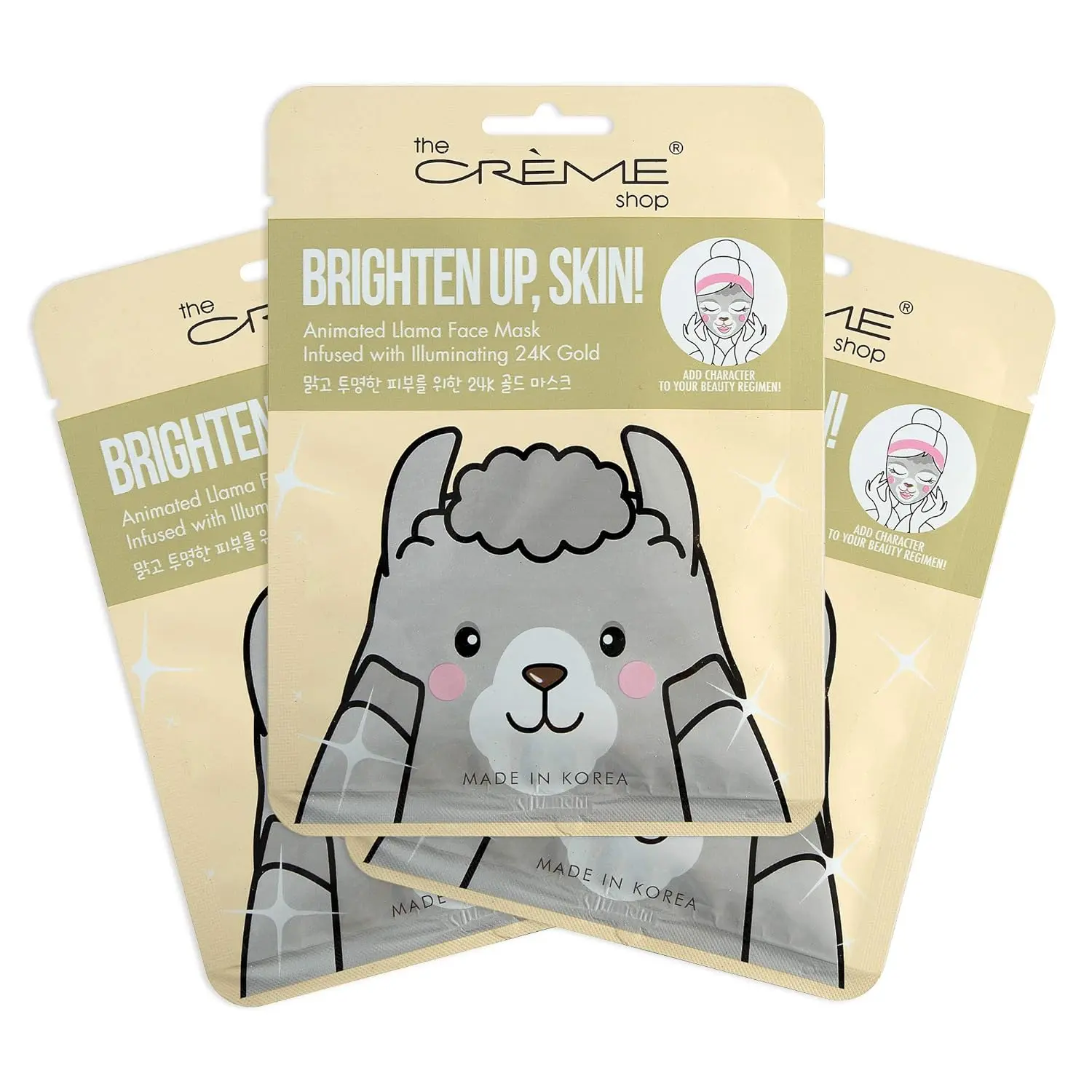 The Crème Shop Llama Animal Sheet Mask - Korean Skincare Multi-Pack (3 Count), Hydrating, Moisturizing, Collagen, Vitamin C, Anti-Age, Hyaluronic Acid, Brightening, Skin Repair, Blemishes Treatment, Blackheads Targeted, For All Skin Types, Restore, Avocad