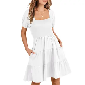 ANRABESS Womens 2026 Summer Casual Mini Dress Square Neck Puff Sleeve Boho Beach Cover Up Vacation Short Dress Going Outfits Basic Loose Dress